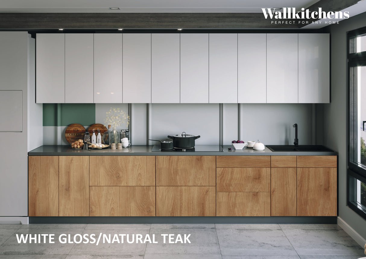 Kitchen Signature Collection Natural Teak & White Gloss Color Base Size 13Ft Wide