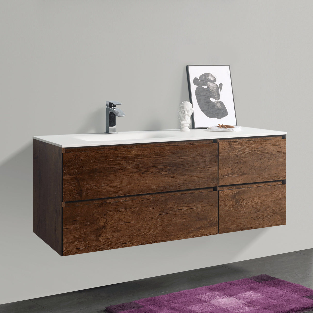 KOLO 0872 Wall Hung 52-inch Bathroom Vanity in Rose Wood Finish