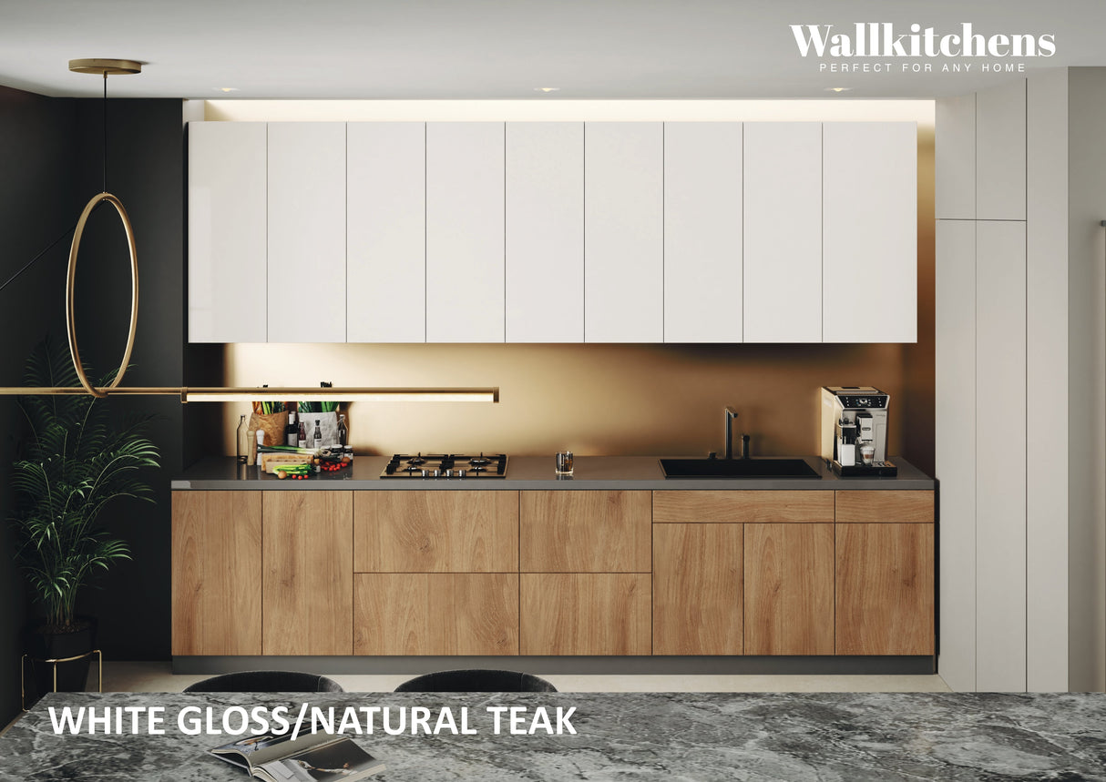 Kitchen Elite Epicure Collection Natural Teak & White Gloss Color Base Size 11Ft Wide