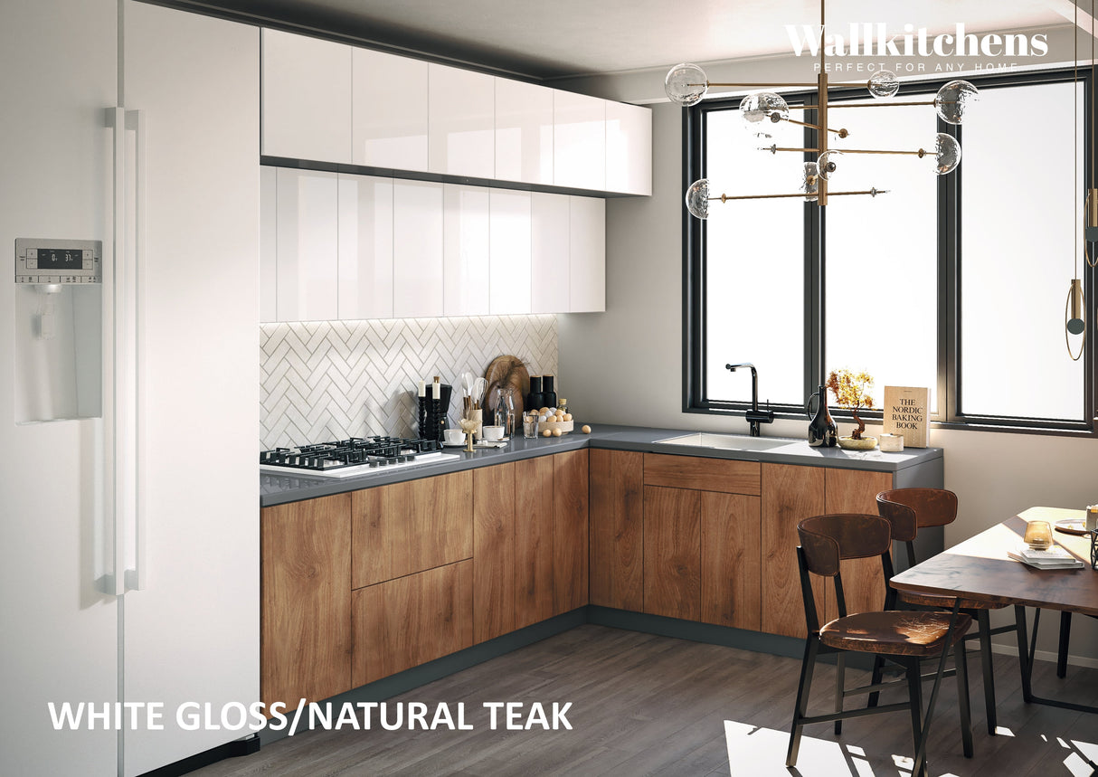Kitchen Radiance Collection Natural Teak & White Gloss Color Base Size 9Ft Wide