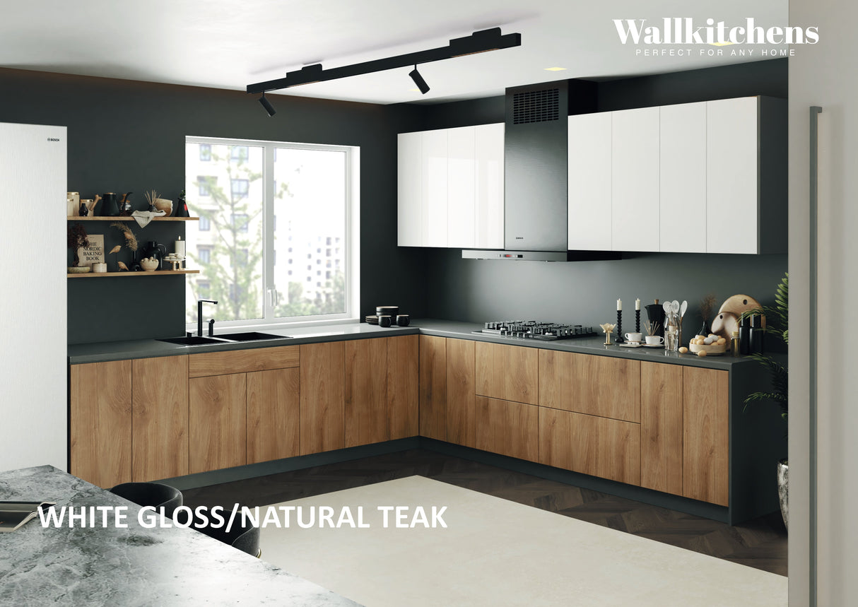 Kitchen Prodigy Collection Natural Teak & White Gloss Color Base Size 11Ft Wide