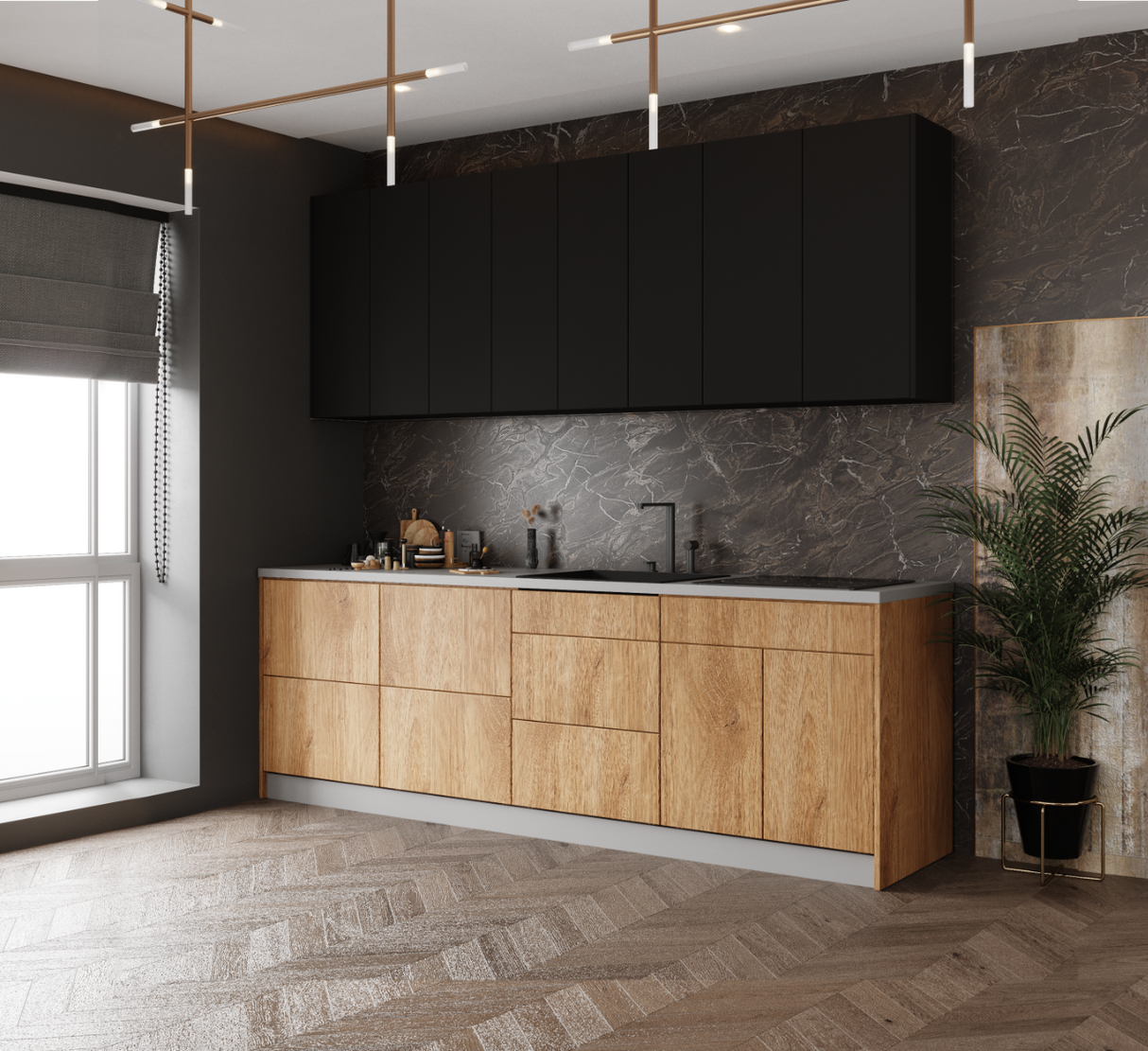 Kitchen Fusion Collection Natural Teak & Black Color Base Size 8.5Ft Wide