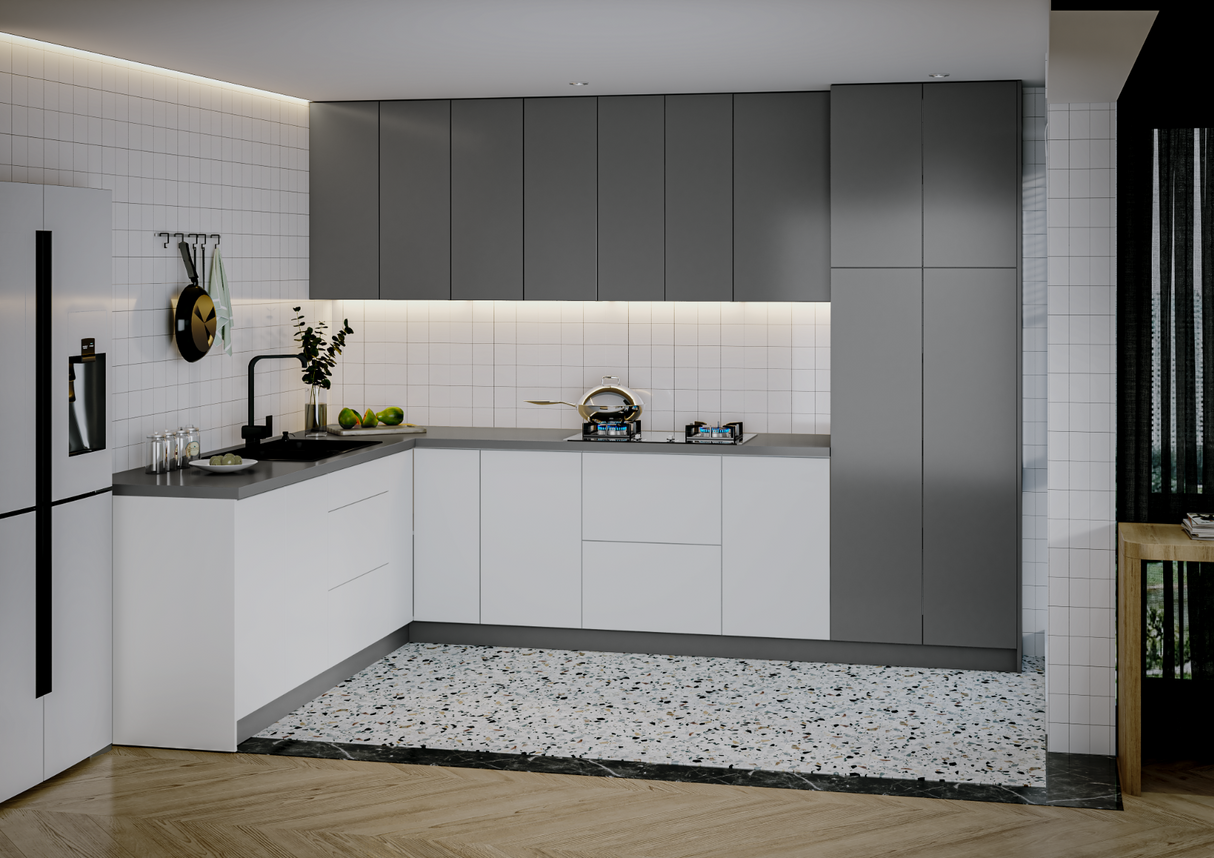 Kitchen Harmony Collection White Gloss & Gray Color Base Size 8x10Ft Wide