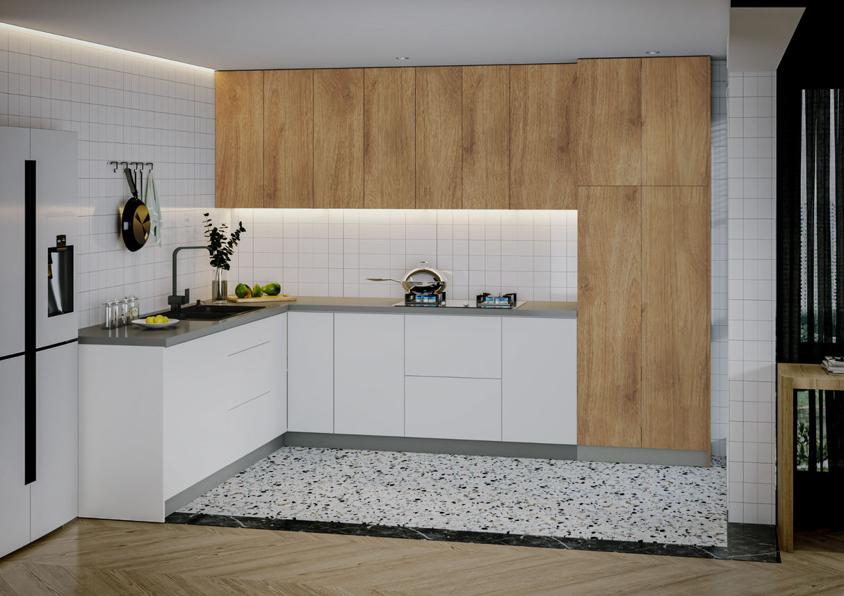 Kitchen Harmony Collection White Gloss & Natural Teak Color Base Size 8x10Ft Wide