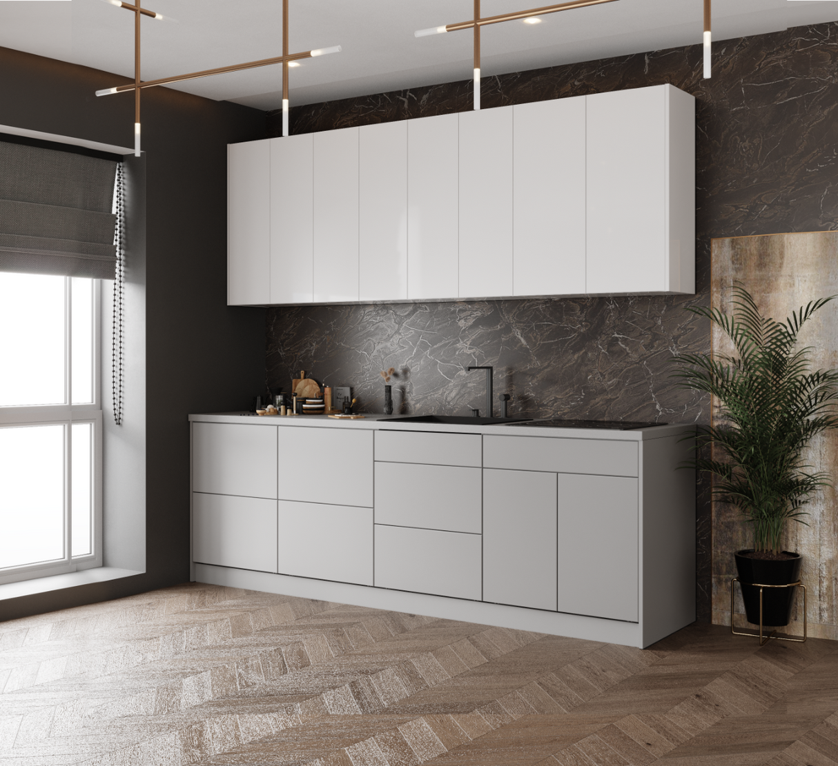 Kitchen Fusion Collection Gray & White Gloss Color Base Size 8.5Ft Wide