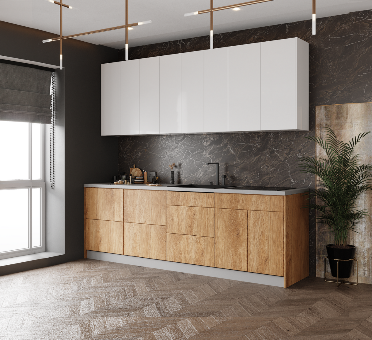 Kitchen Fusion Collection Natural Teak & White Gloss Color Base Size 8.5Ft Wide